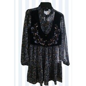 BCX Girls Print Chiffon Dress W/ Embroidered Velvet Faux Vest 14 Navy Multi L/S
